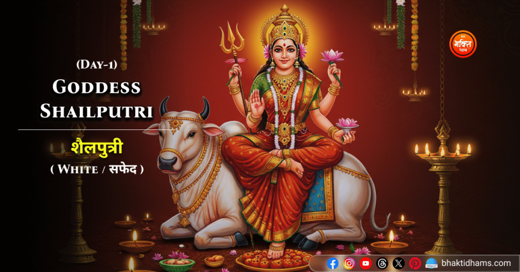 Goddess Shailputri with white flowers and diya - Navratri Day 1