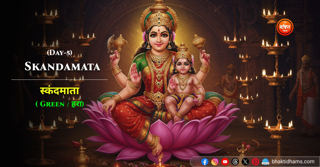 Skandamata with baby Kartikeya - green background